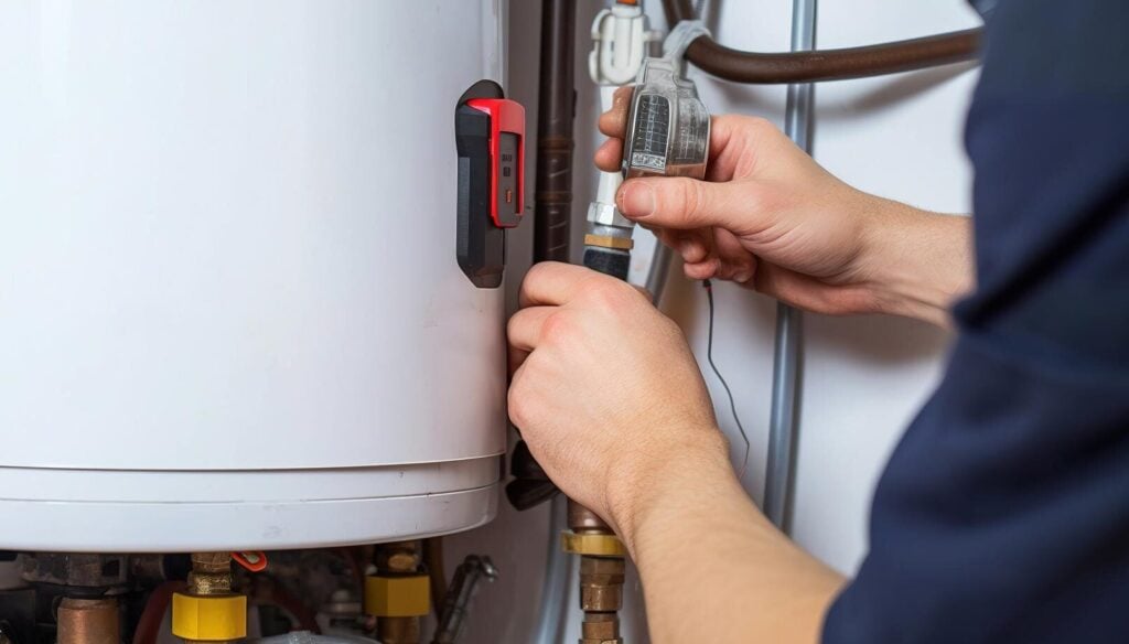 A technician performing an installation of a water heater