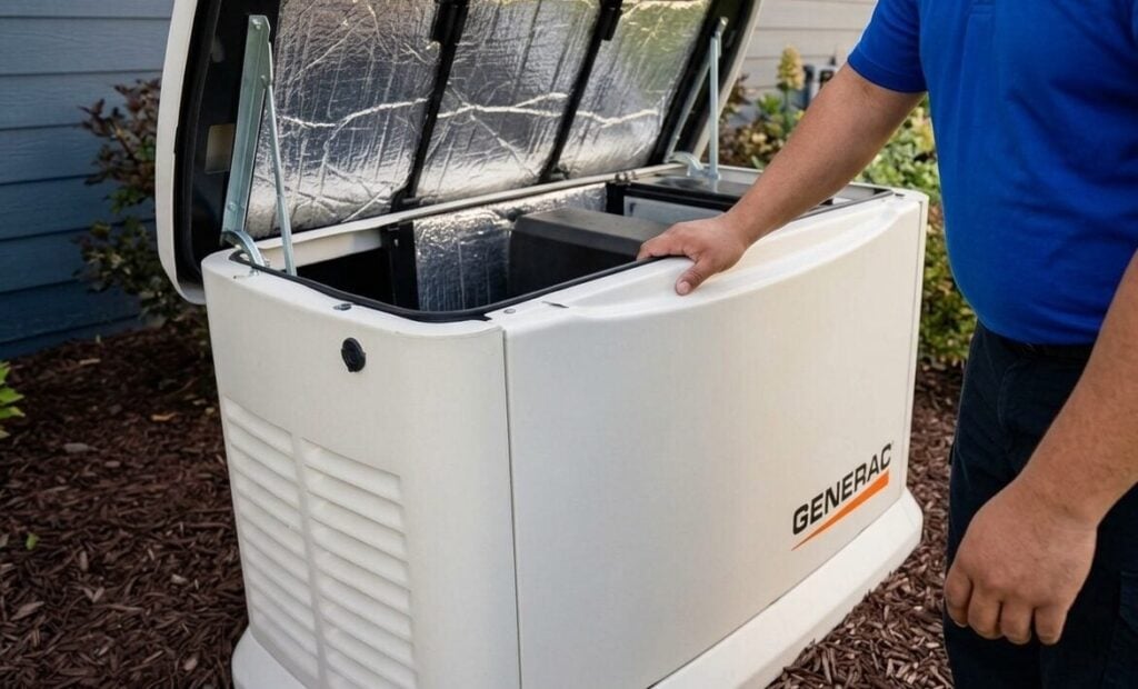 Person in a blue shirt stands beside an open outdoor Generac generator, inspecting the top panel.